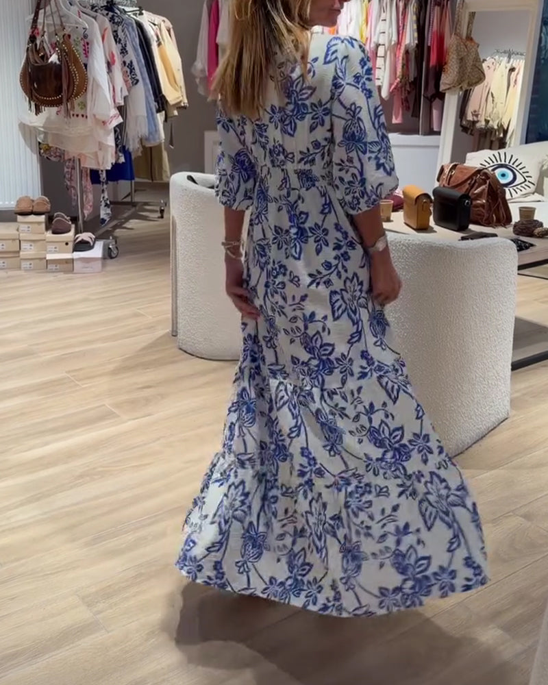 Deep V-Neck Elegant Floral Long Dress