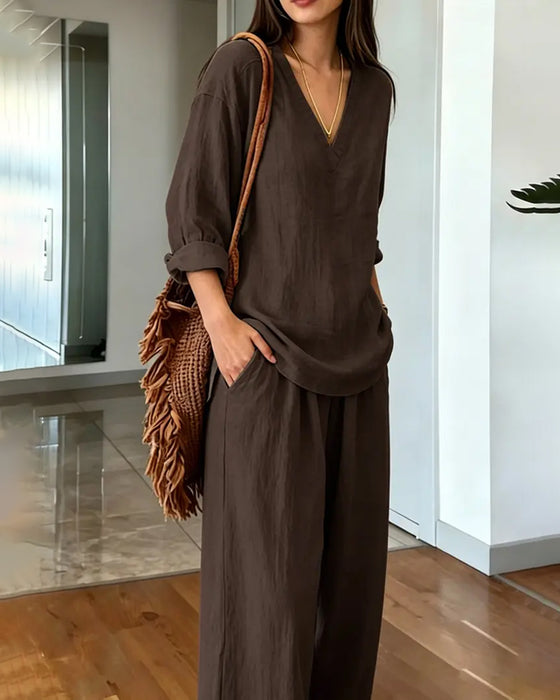V-Neck Draped High Waist Wide Leg Set