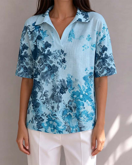 Ink Wash Floral Lapel Half Placket Blouse