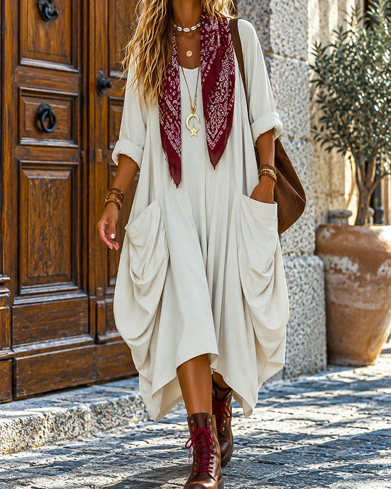 Loose Big Pocket Solid Color Long Dress