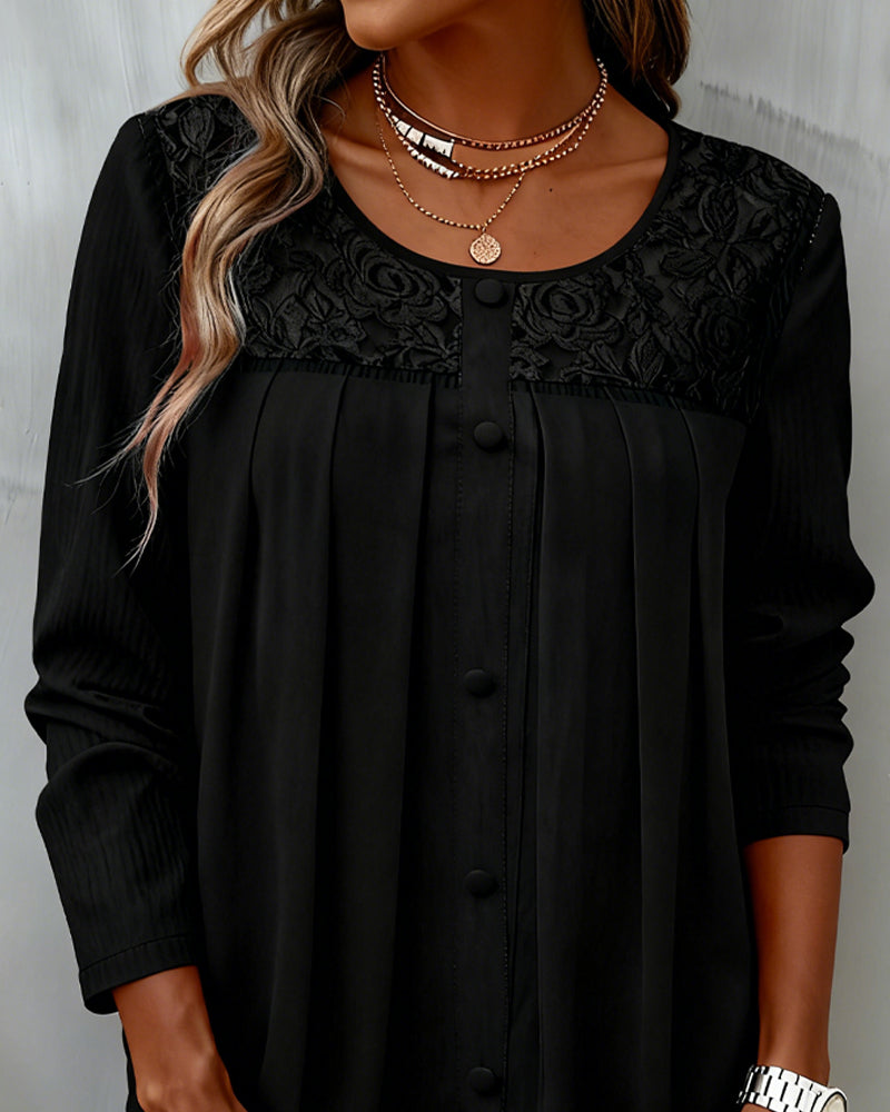 Long-Sleeved Loose-Fitting Pleated Top