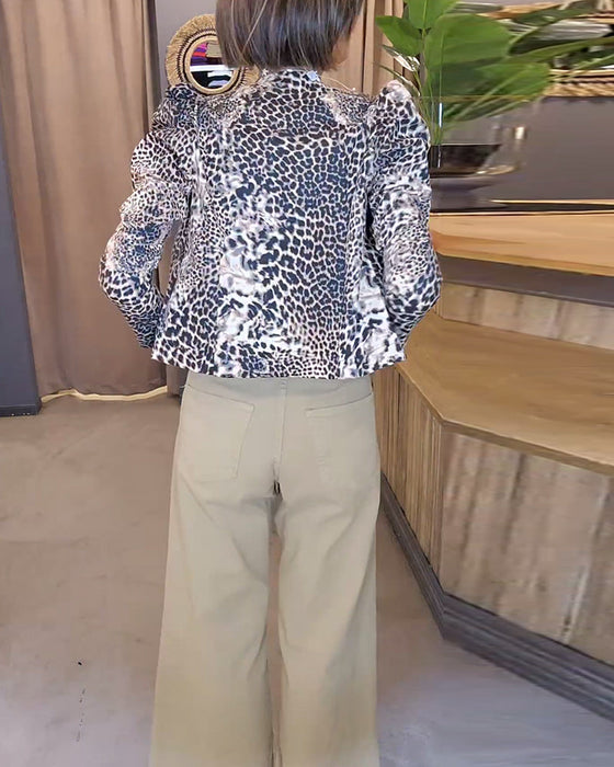 Leopard print puff sleeve casual jacket