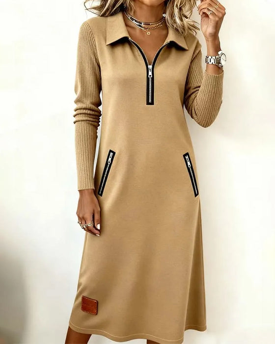 Lapel Zippered Solid A-Line Dress