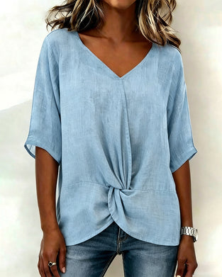 Round Neck Solid Color Blouse