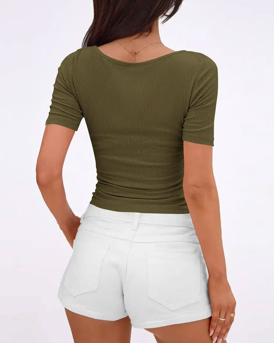 Off-Shoulder Knitted Solid Color T-Shirt