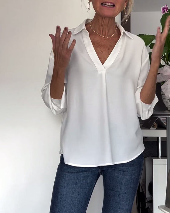 Simple solid color lapel long sleeve top