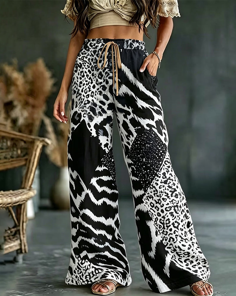 Leopard Print Patchwork Wide Leg Casual Pants