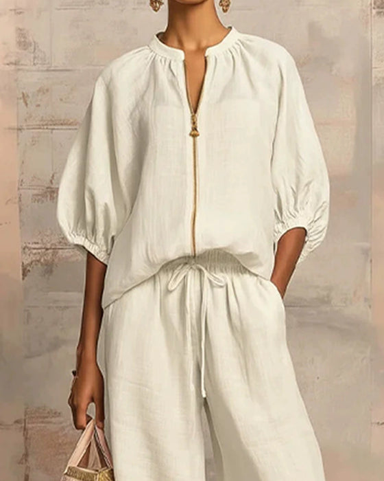 Zipper Crewneck Top Wide Leg Pants Two-Piece Sets