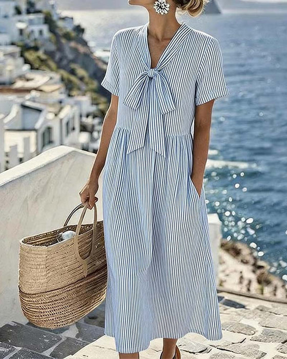 Striped Bow V-Neck Dress