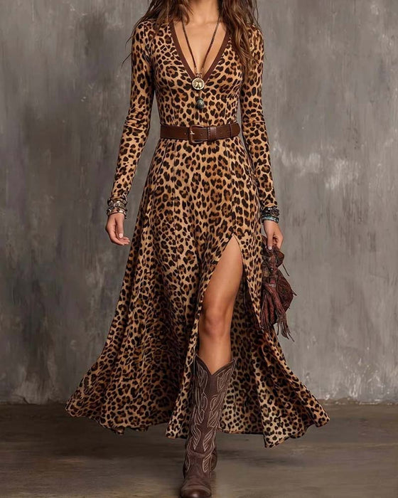 Leopard-Print V-Neck Dress With A Slit