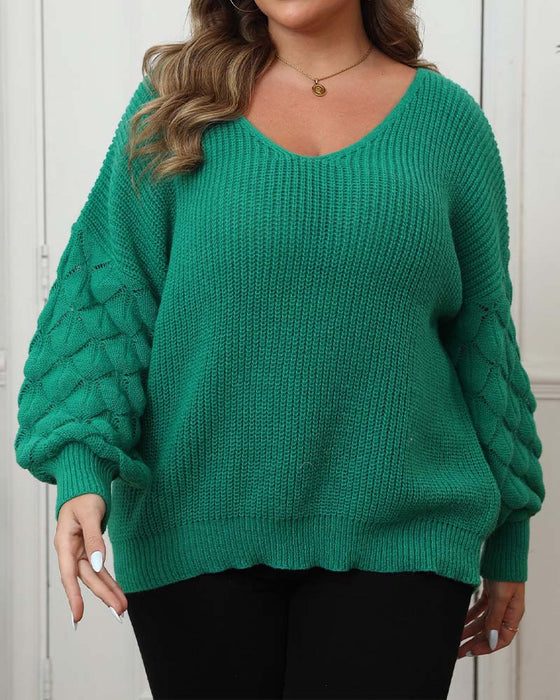 Puff Sleeve V-Neck Knit Pullover