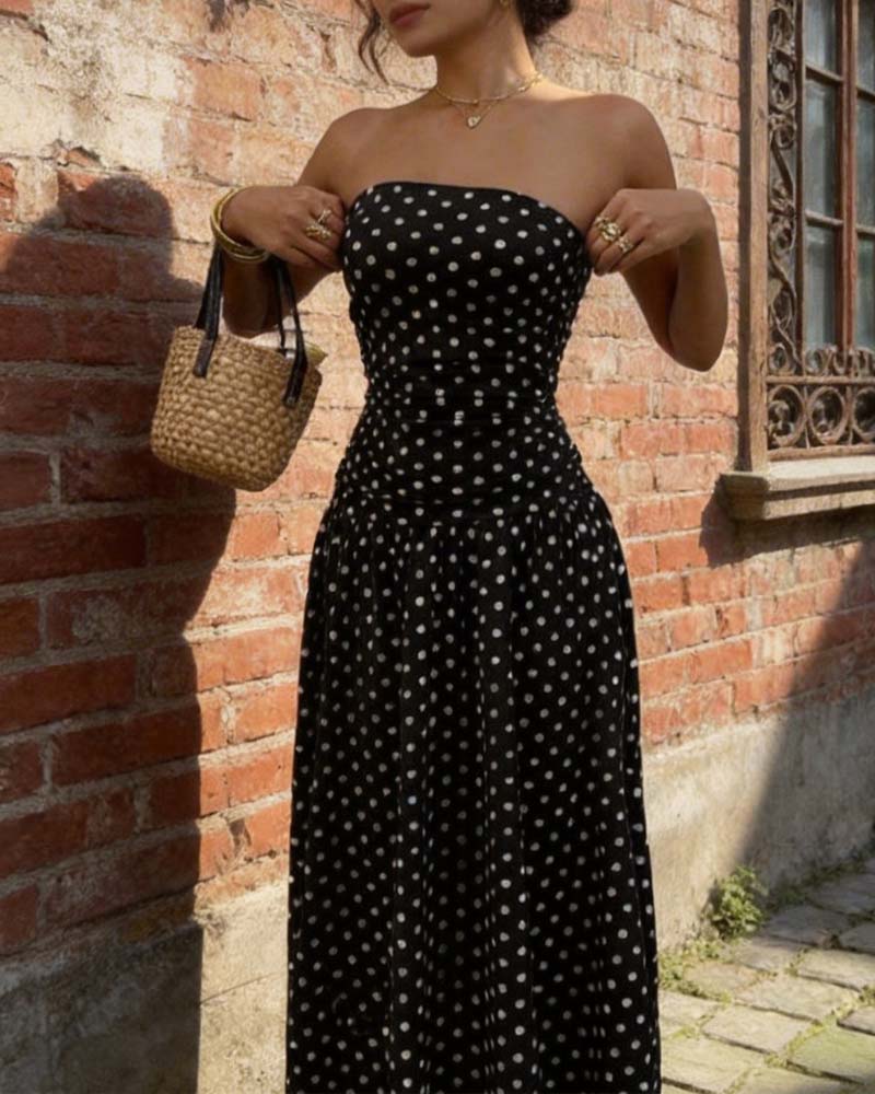 Polka Dot Bandeau A Line Long Dress