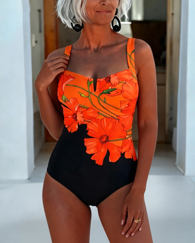 Square Neck Halter Strap Floral Swimsuit One-Piece
