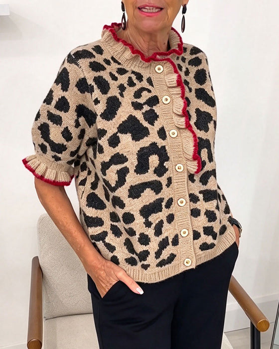 Ruffled Short-Sleeve Leopard Print Pullover