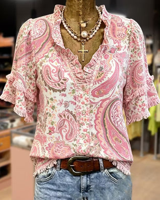 Casual Ruffled V-Neck Blouse