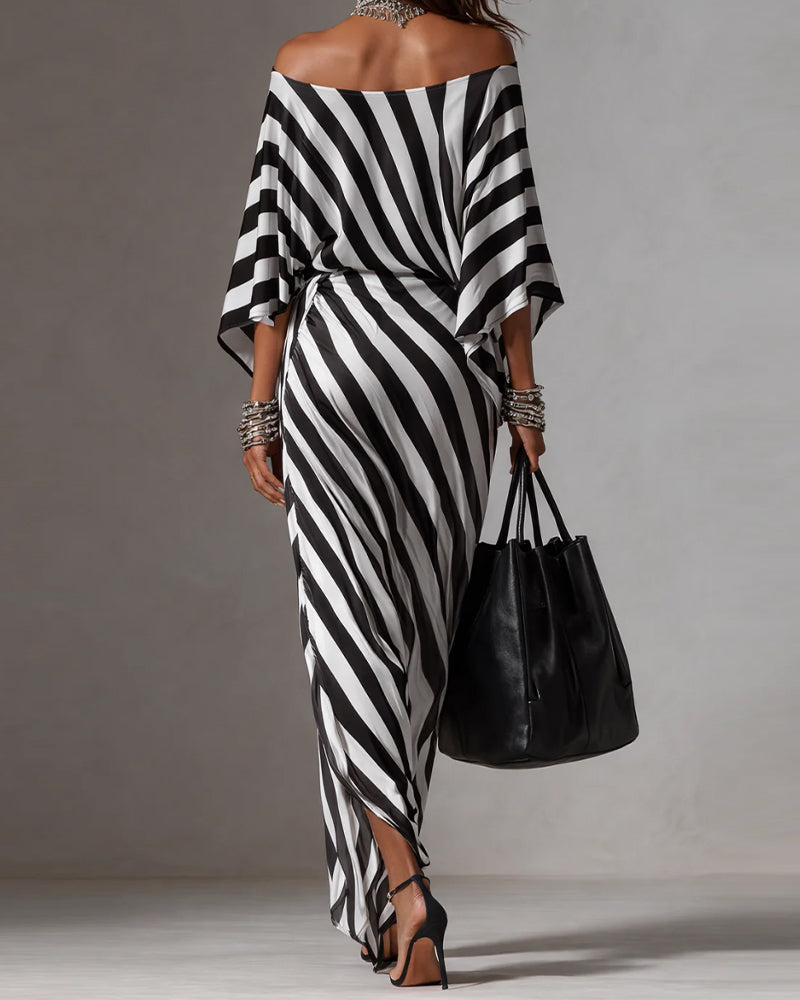 Off-Shoulder Batwing Sleeve Stripe Long Dress