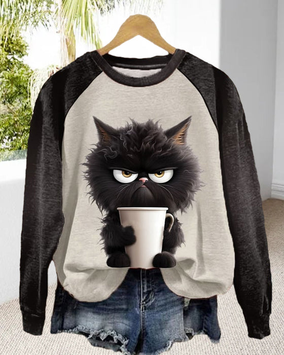 Cat Loose Sweatshirt with Color Block