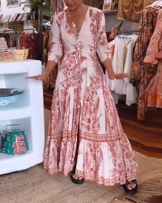 3/4 sleeves deep V-neck printed dress