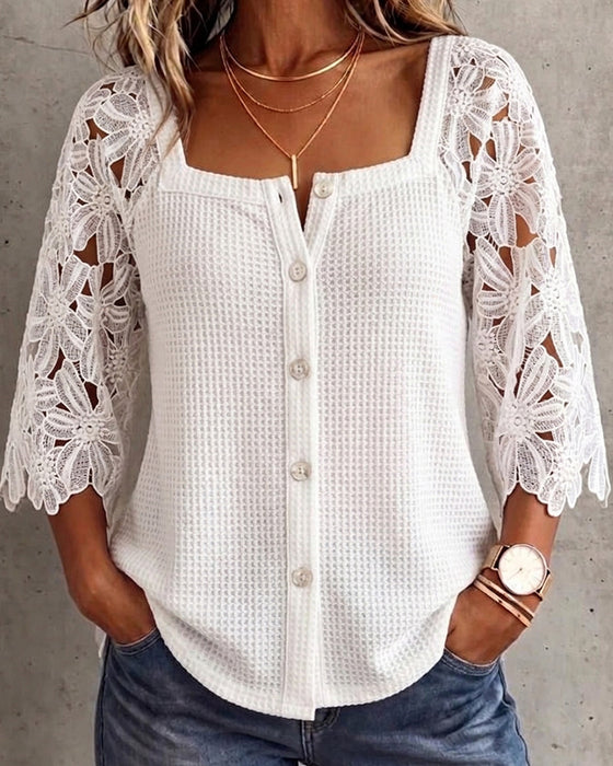Lace Panel Waffle-Knit Button-Front Blouse