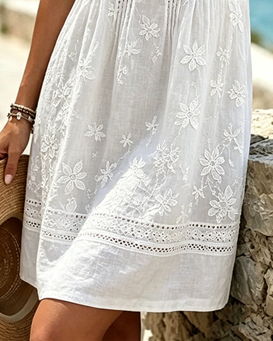 Crew Neck Sleeveless Lace Patchwork Dress