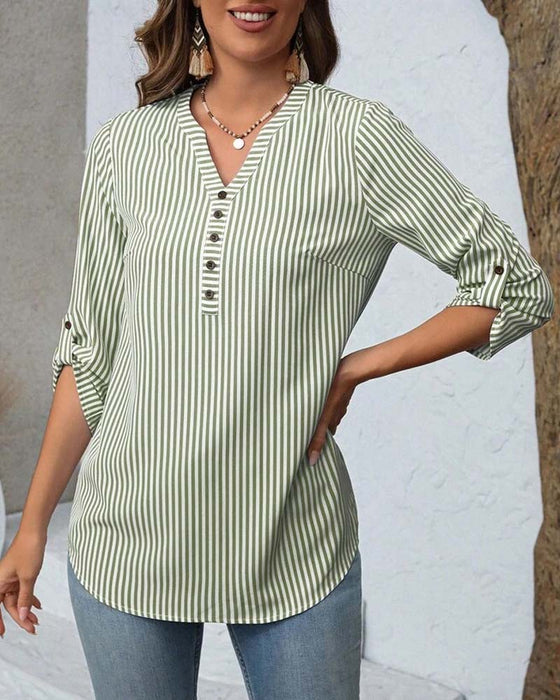 V-Neck Striped Button-Down Loose Blouse