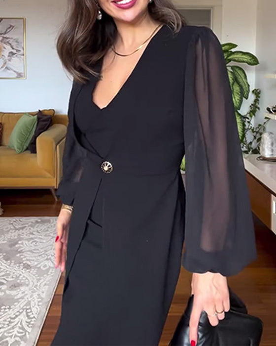 V-Neck Lantern Sleeve Slim Dress