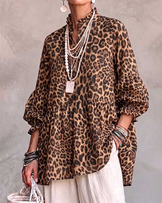 Leopard Print Frill Trim Button Top