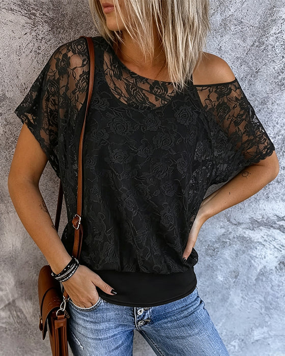 Off-Shoulder Lace Patchwork Suspender T-Shirt