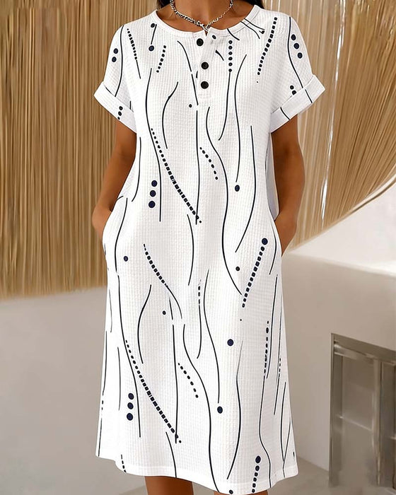 Crew Neck Button Line Waffle Dress