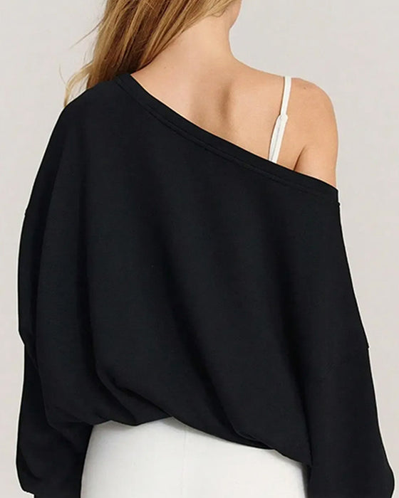 One-Shoulder Drawstring Loose Sweatshirt