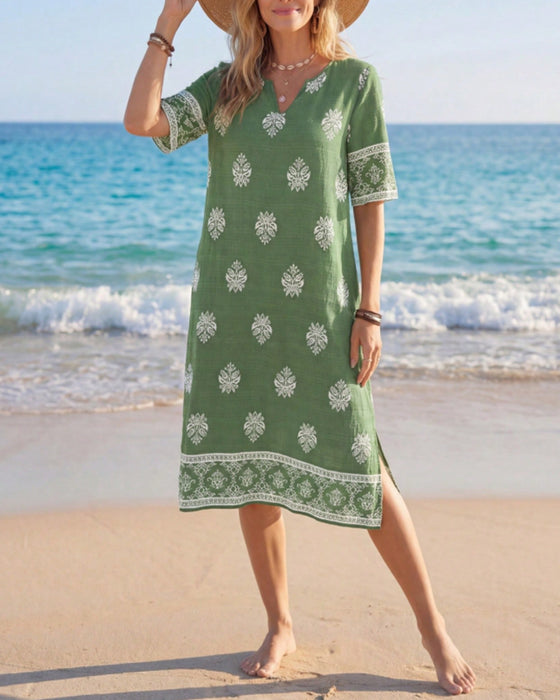 Ethnic Petite V-Neck Slit Dress
