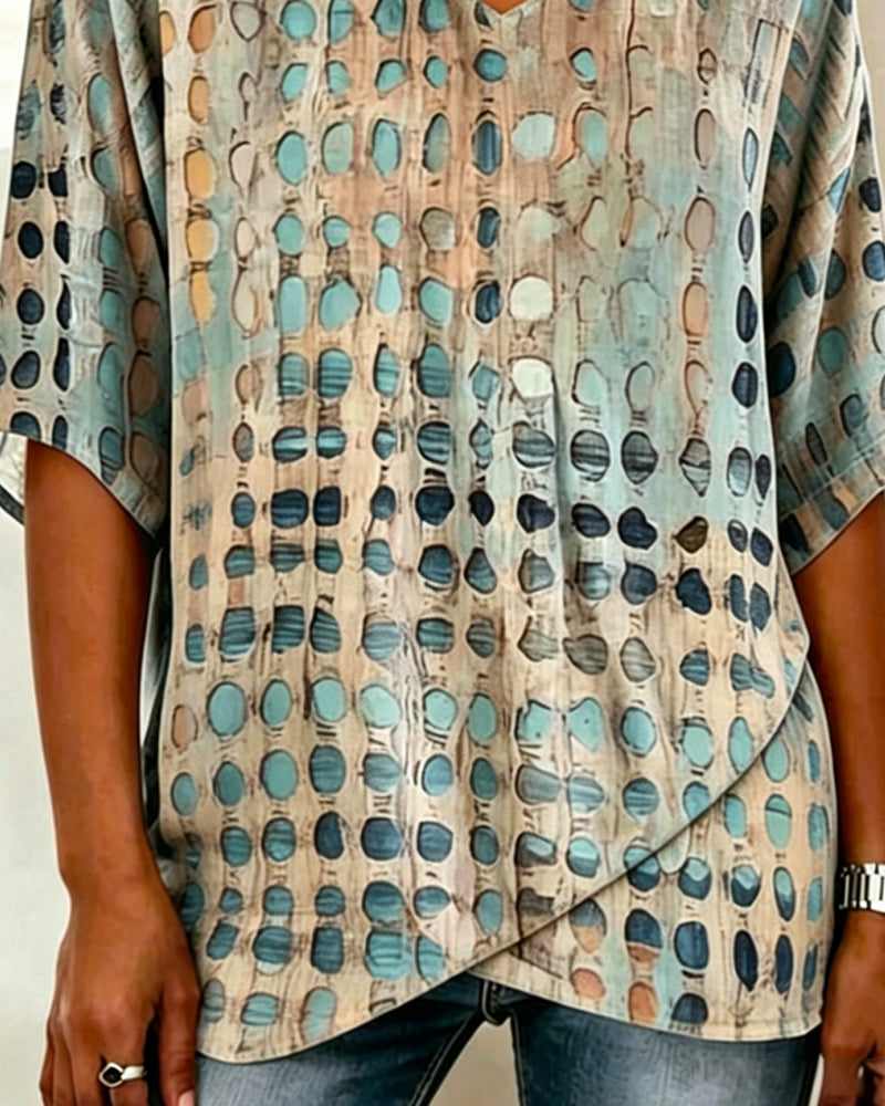 V-Neck Abstract Polka Dot Print Relaxed Blouse