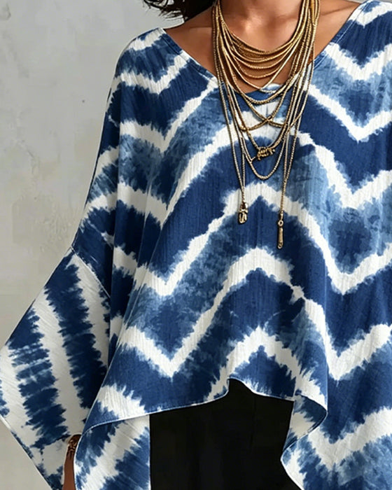 V-Neck Colorblock Patchwork Batwing Blouses