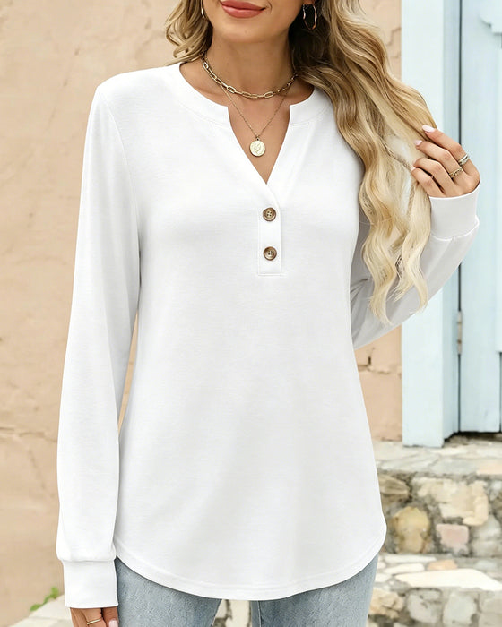 V-Neck Button Long Sleeve Solid Top