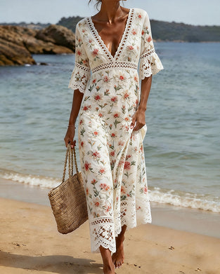 Hollow Out Patchwork V-Neck Floral Dress
