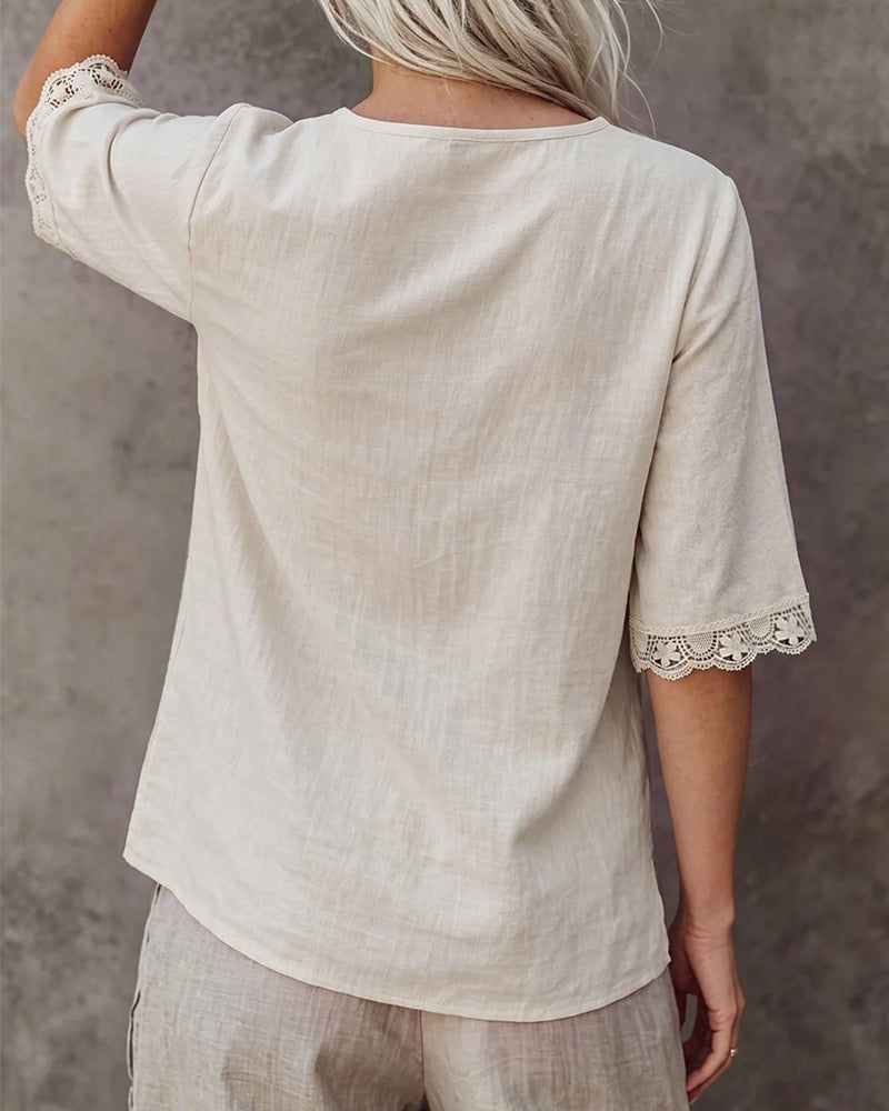 V-Neck Lace Patchwork 3/4 Sleeve Blouse