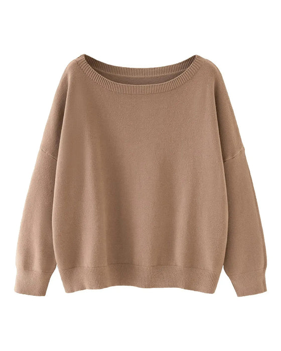 Crew-Neck Drop-Shoulder Solid Loose Pullover