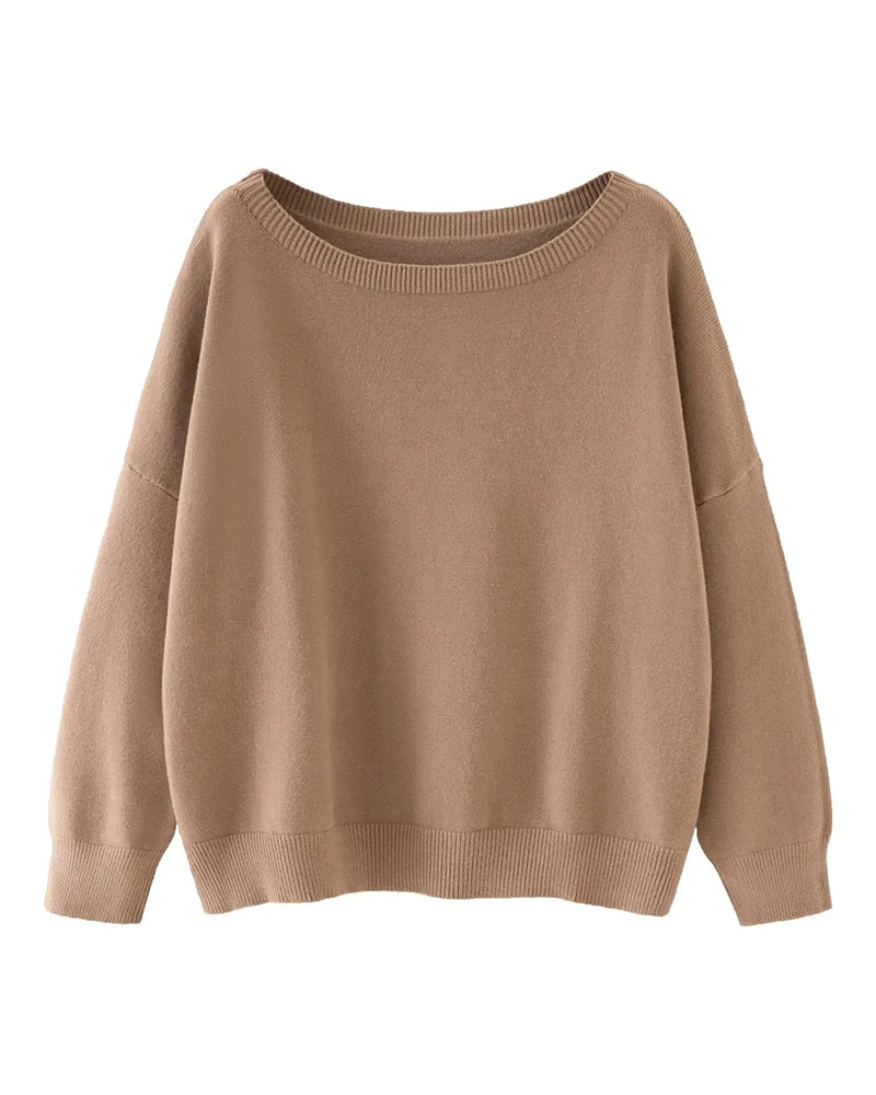 Crew-Neck Drop-Shoulder Solid Loose Pullover