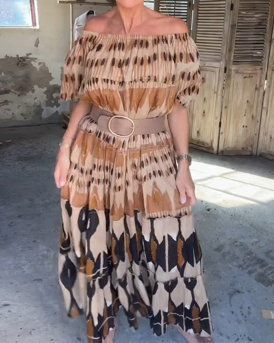 Off-Shoulder Square Neck Loose Print Dresses