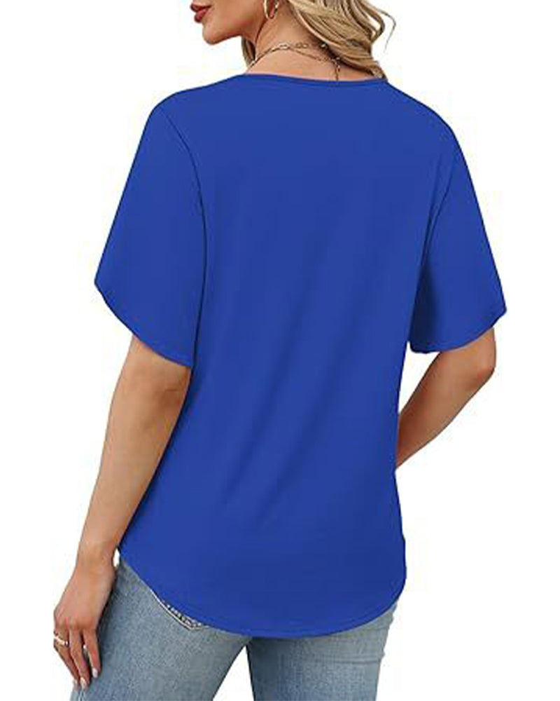 V-Neck Small Slit Short Sleeve Solid T-Shirt