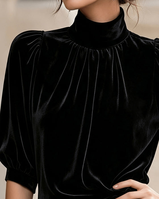 Stand Collar Shirred Puff Sleeve Top