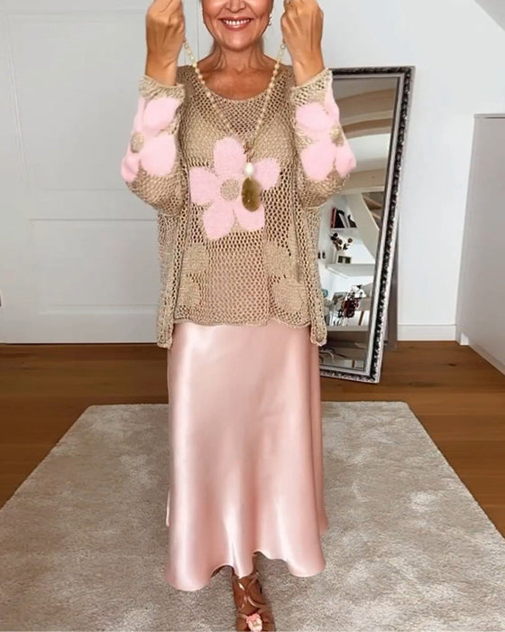 Casual floral round neck long sleeve hollow pullover