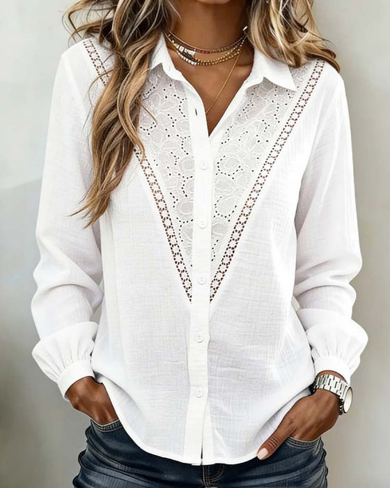 Hollowed-Out Lapel Patchwork Shirt