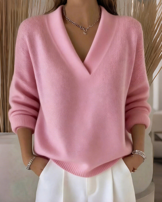 Casual Solid Color V-Neck Pullover