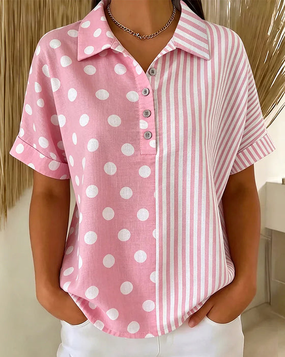 Lapel Polka Dot Stripe Blouse