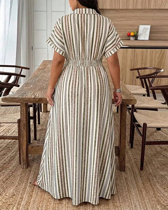 Striped Short Sleeve Lapel Dress