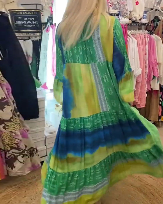 Printed casual V-neck flare sleeve long dress