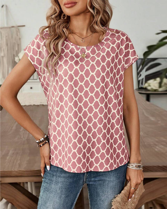 Round Neck Diamond Print Short-Sleeved Blouse