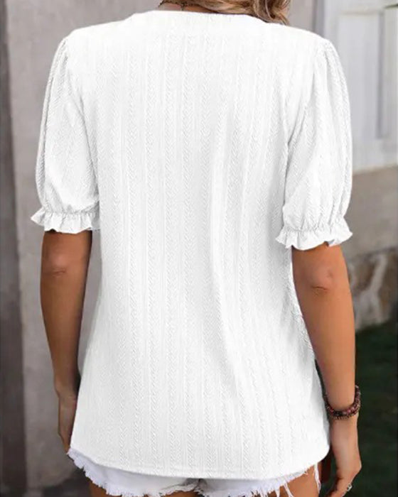 V-Neck Mini Mandarin Collar Puff Sleeve T-Shirts