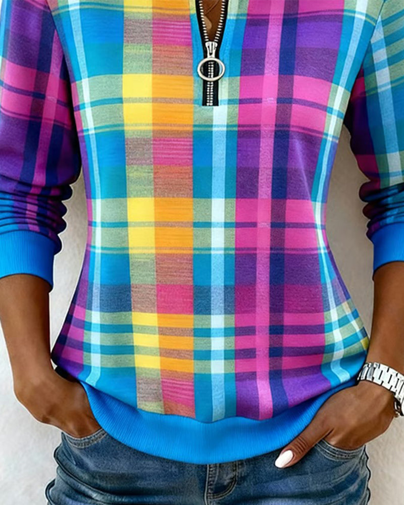 Half-Zip Colorful Plaid Sweatshirt